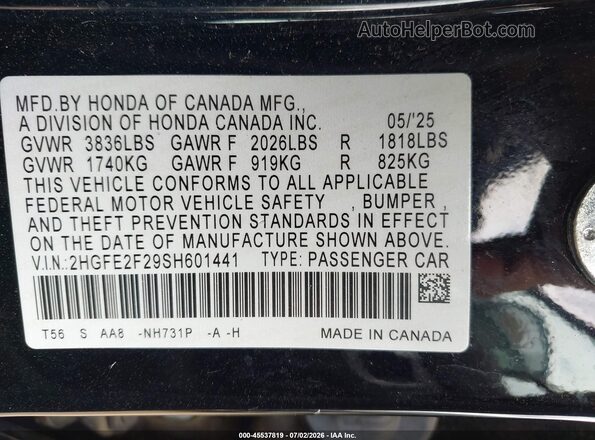 2HGFE2F29SH601441 2025 HONDA CIVIC Black ძრავის განყოფილების ხედი