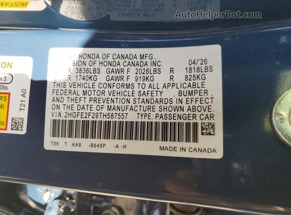 2HGFE2F29TH587557 2026 HONDA CIVIC Blue Շարժիչի բաժամունքի տեսք