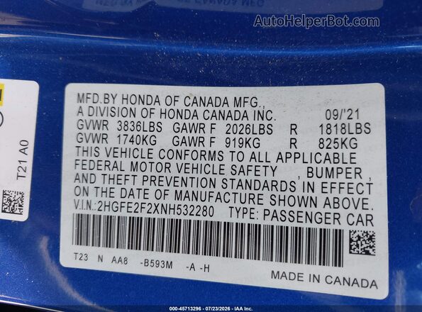 2HGFE2F2XNH532280 2022 HONDA CIVIC Blue Вид підкапотного простору