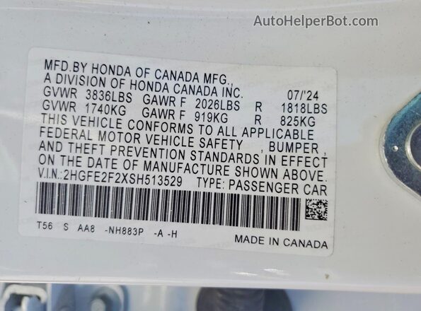 2HGFE2F2XSH513529 2025 HONDA CIVIC White VIN sticker view
