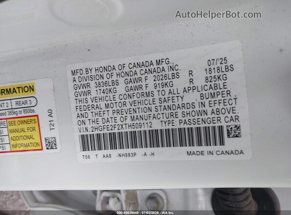 2HGFE2F2XTH509112 2026 HONDA CIVIC White Вид підкапотного простору