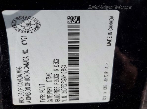 2HGFE2F39NH106993 2022 HONDA CIVIC Черный Вид наклейки с VIN-кодом