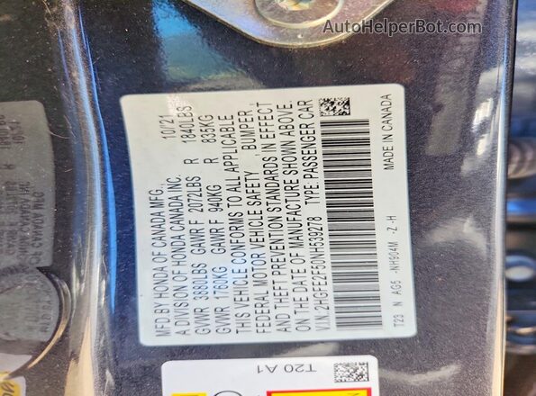 2HGFE2F50NH539278 2022 HONDA CIVIC Charcoal VIN კოდის სტიკერის ხედი