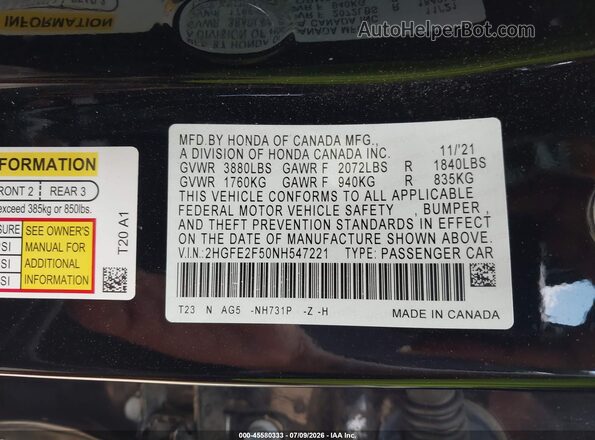 2HGFE2F50NH547221 2022 HONDA CIVIC Black Widok komory silnika