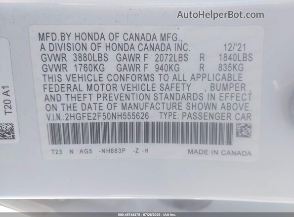 2HGFE2F50NH555626 2022 HONDA CIVIC White Engine compartment view