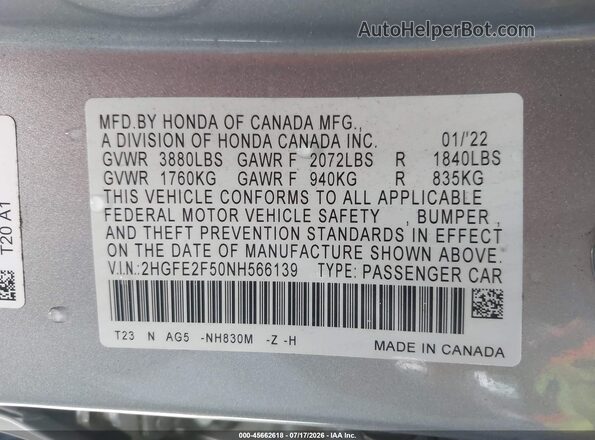 2HGFE2F50NH566139 2022 HONDA CIVIC Серый Вид подкапотного пространства