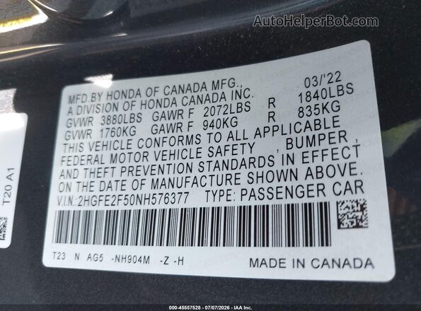 2HGFE2F50NH576377 2022 HONDA CIVIC Gray Engine compartment view