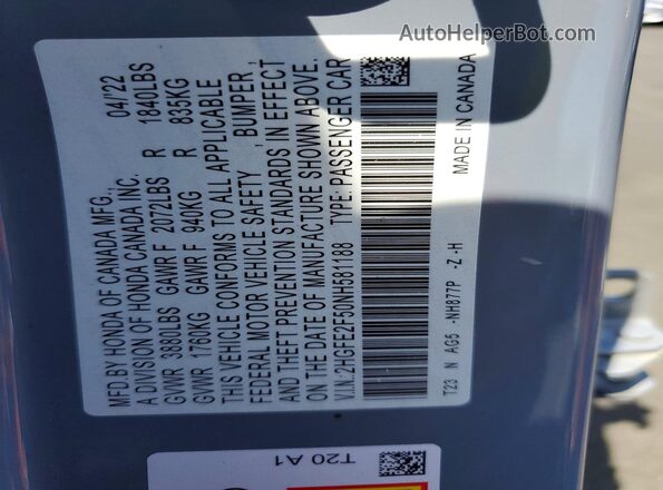 2HGFE2F50NH581188 2022 HONDA CIVIC Gray Engine compartment view