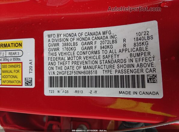 2HGFE2F50NH608518 2022 HONDA CIVIC Красный Вид подкапотного пространства