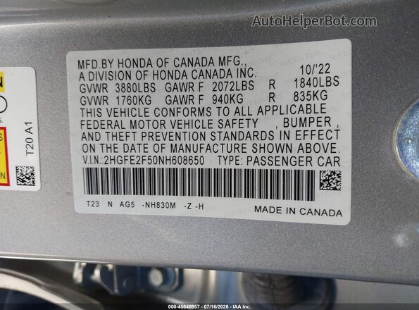 2HGFE2F50NH608650 2022 HONDA CIVIC Silver Շարժիչի բաժամունքի տեսք