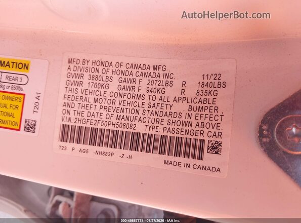 2HGFE2F50PH508082 2023 HONDA CIVIC Белый Вид подкапотного пространства