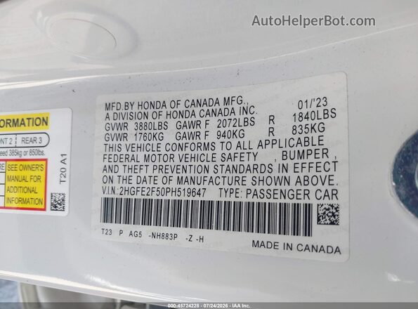2HGFE2F50PH519647 2023 HONDA CIVIC White Вид підкапотного простору