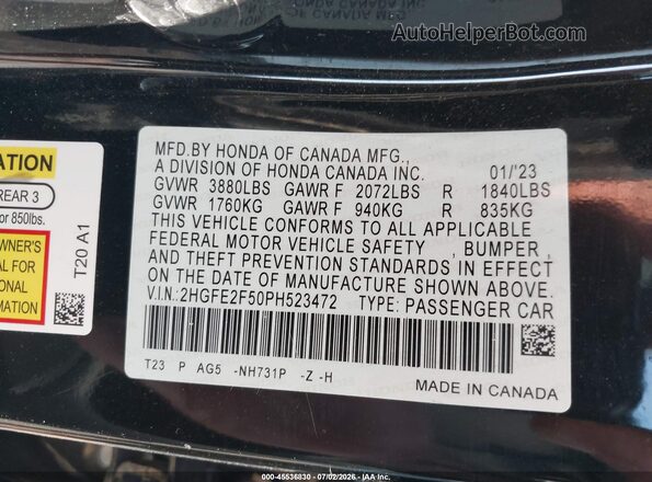 2HGFE2F50PH523472 2023 HONDA CIVIC Черный Вид подкапотного пространства