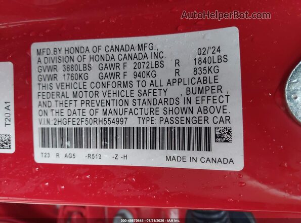 2HGFE2F50RH554997 2024 HONDA CIVIC Red ძრავის განყოფილების ხედი