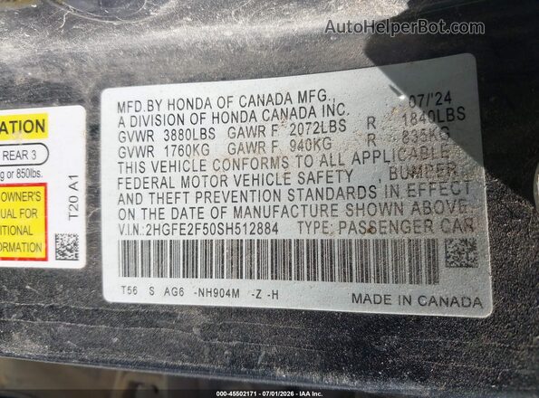 2HGFE2F50SH512884 2025 HONDA CIVIC Gray Widok komory silnika