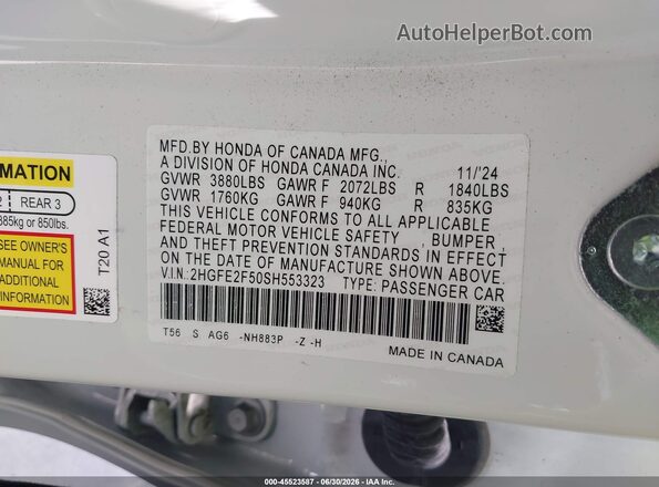 2HGFE2F50SH553323 2025 HONDA CIVIC White Vista del compartimento del motor