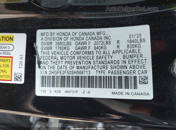 2HGFE2F50SH568713 2025 HONDA CIVIC Black Engine compartment view
