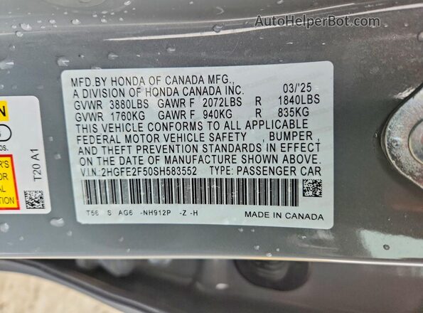 2HGFE2F50SH583552 2025 HONDA CIVIC Gray VIN sticker view