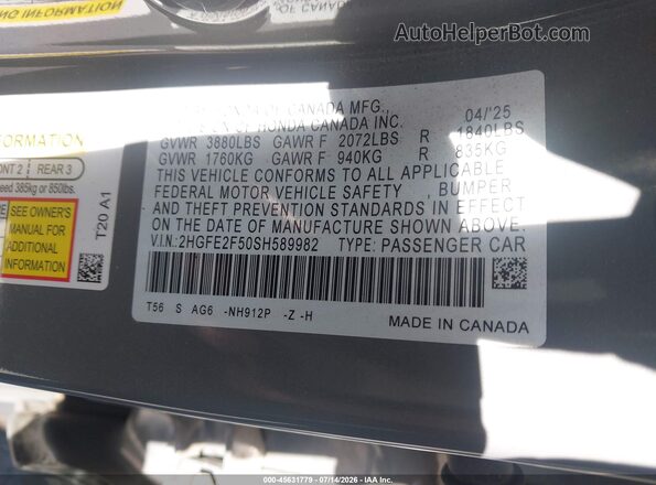 2HGFE2F50SH589982 2025 HONDA CIVIC Gray ძრავის განყოფილების ხედი