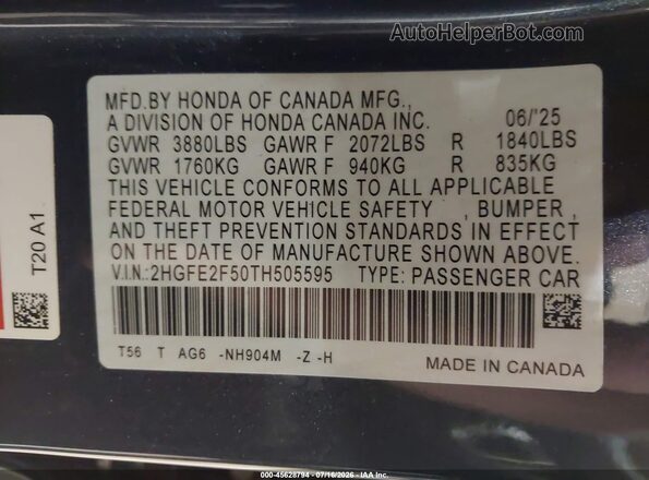 2HGFE2F50TH505595 2026 HONDA CIVIC Gray Engine compartment view
