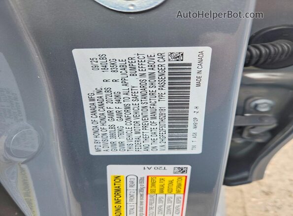 2HGFE2F50TH528181 2026 HONDA CIVIC Gray VIN կոդի պիտակի տեսք