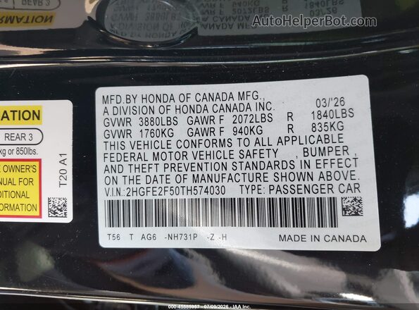 2HGFE2F50TH574030 2026 HONDA CIVIC Black Շարժիչի բաժամունքի տեսք