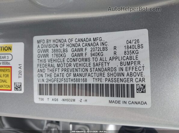 2HGFE2F50TH588168 2026 HONDA CIVIC Red Widok komory silnika