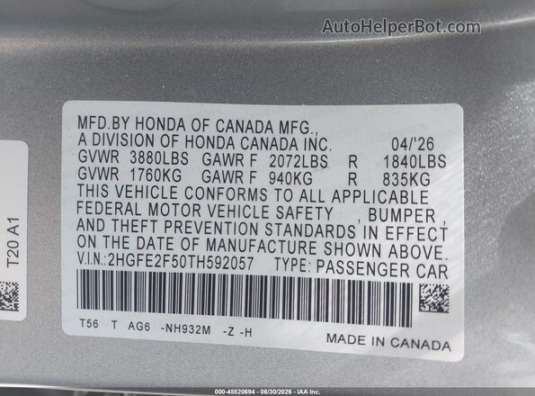2HGFE2F50TH592057 2026 HONDA CIVIC Silver Engine compartment view