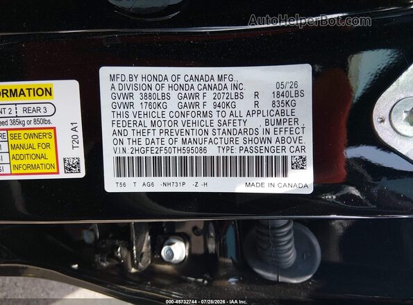 2HGFE2F50TH595086 2026 HONDA CIVIC Black Вид підкапотного простору