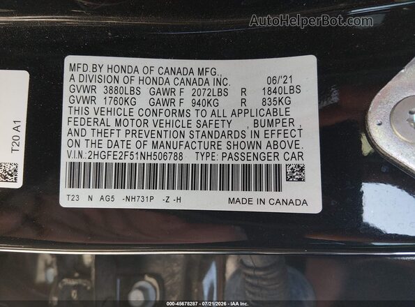 2HGFE2F51NH506788 2022 HONDA CIVIC Black Vista del compartimento del motor