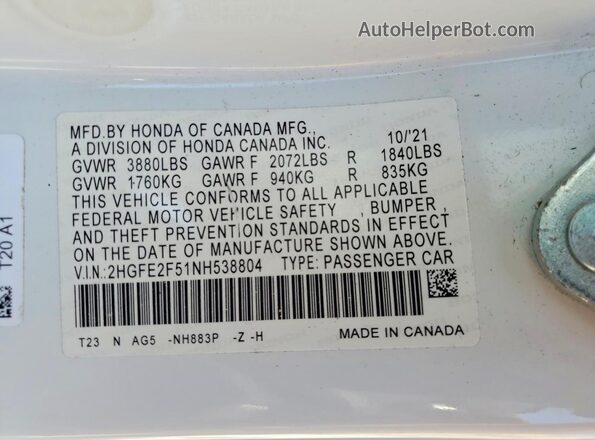 2HGFE2F51NH538804 2022 HONDA CIVIC Белый Вид подкапотного пространства