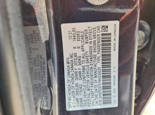 2HGFE2F51NH539225 2022 HONDA CIVIC Gray Вид підкапотного простору