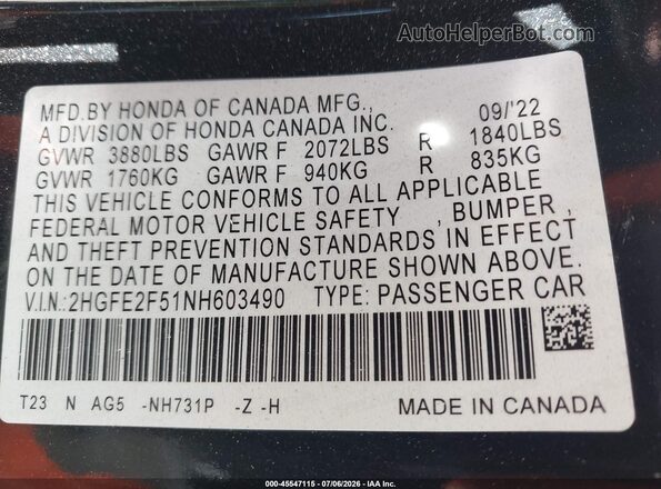 2HGFE2F51NH603490 2022 HONDA CIVIC Black Շարժիչի բաժամունքի տեսք