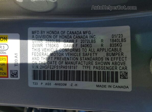 2HGFE2F51PH518197 2023 HONDA CIVIC Silver VIN կոդի պիտակի տեսք