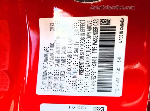 2HGFE2F51PH531418 2023 HONDA CIVIC Red VIN կոդի պիտակի տեսք