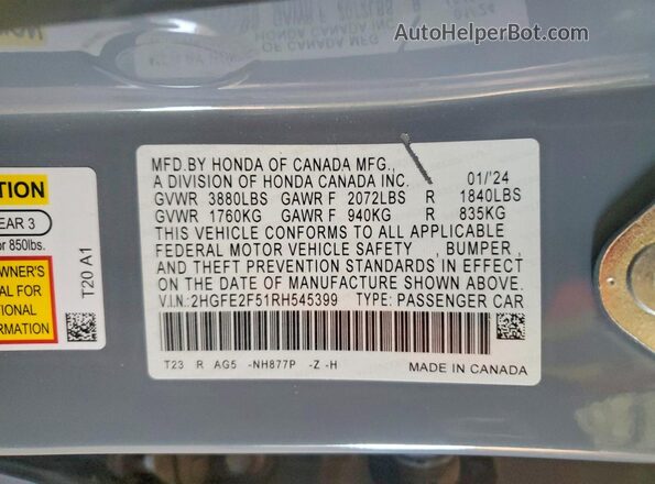 2HGFE2F51RH545399 2024 HONDA CIVIC Blue Engine compartment view