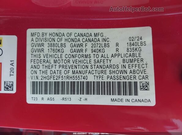 2HGFE2F51RH555740 2024 HONDA CIVIC Red Engine compartment view