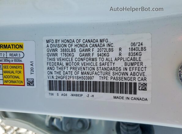 2HGFE2F51SH503997 2025 HONDA CIVIC White Շարժիչի բաժամունքի տեսք