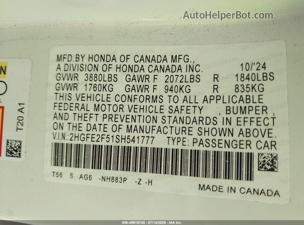 2HGFE2F51SH541777 2025 HONDA CIVIC White Widok komory silnika
