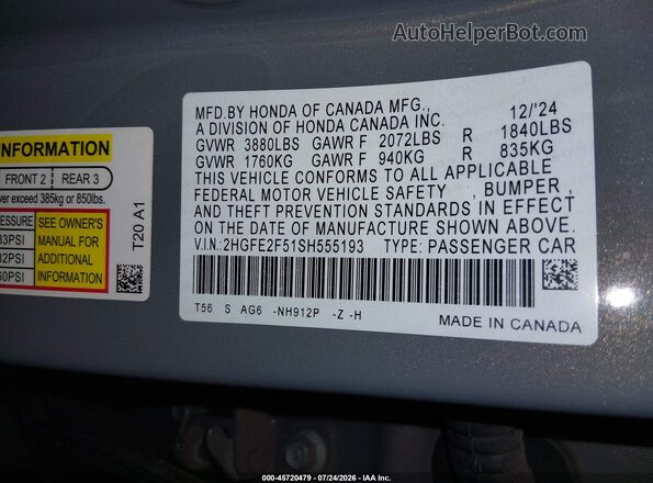 2HGFE2F51SH555193 2025 HONDA CIVIC Gray Vista del compartimento del motor