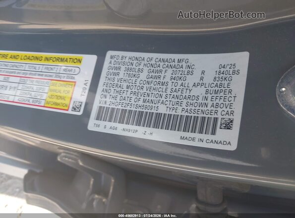 2HGFE2F51SH590915 2025 HONDA CIVIC Gray Widok komory silnika