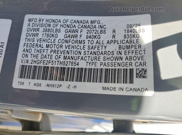 2HGFE2F51TH527654 2026 HONDA CIVIC Gray Vista del compartimento del motor