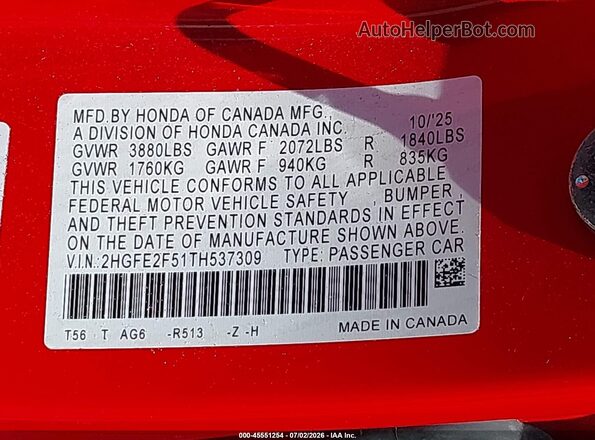 2HGFE2F51TH537309 2026 HONDA CIVIC Red Engine compartment view