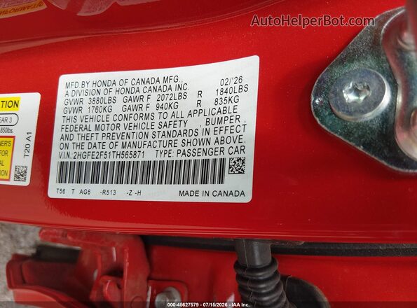 2HGFE2F51TH565871 2026 HONDA CIVIC Red Vista del compartimento del motor