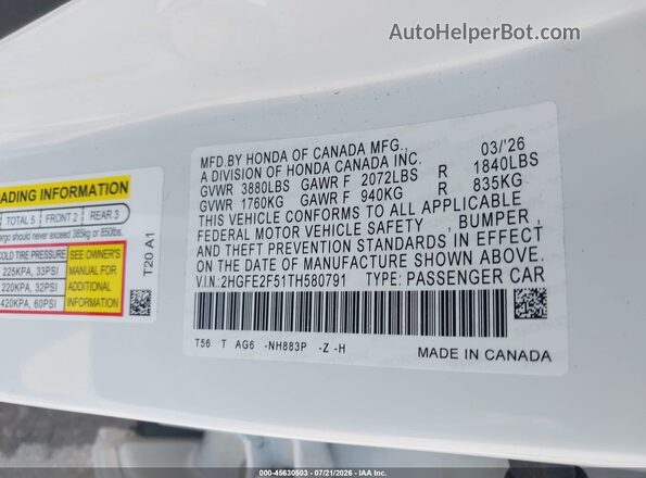2HGFE2F51TH580791 2026 HONDA CIVIC White Շարժիչի բաժամունքի տեսք