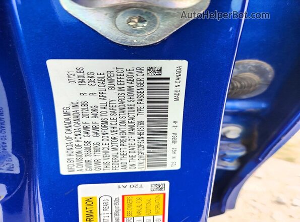2HGFE2F52NH518769 2022 HONDA CIVIC Blue ძრავის განყოფილების ხედი