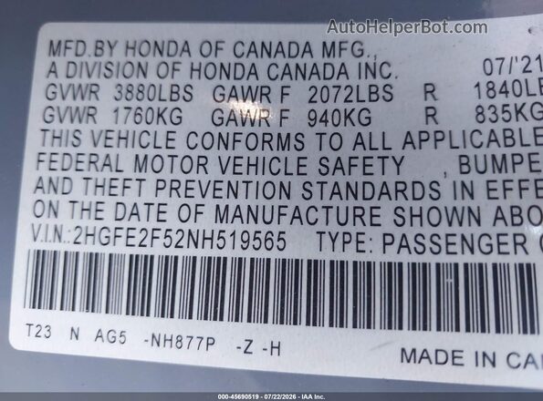 2HGFE2F52NH519565 2022 HONDA CIVIC Blue Vista del compartimento del motor