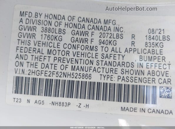2HGFE2F52NH525866 2022 HONDA CIVIC White ძრავის განყოფილების ხედი