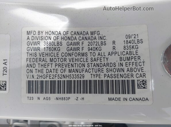 2HGFE2F52NH533529 2022 HONDA CIVIC White Vista del compartimento del motor