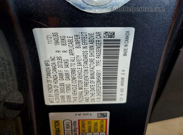 2HGFE2F52NH549911 2022 HONDA CIVIC Charcoal Vista del compartimento del motor